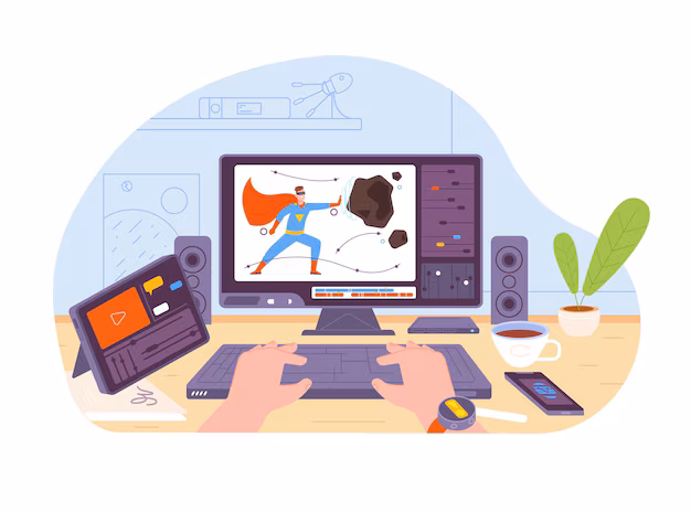 creator video animations computer screen motion designer animator game artist pc desk software creating editor graphic content art studio workplace splendid vector concept 81894 13391